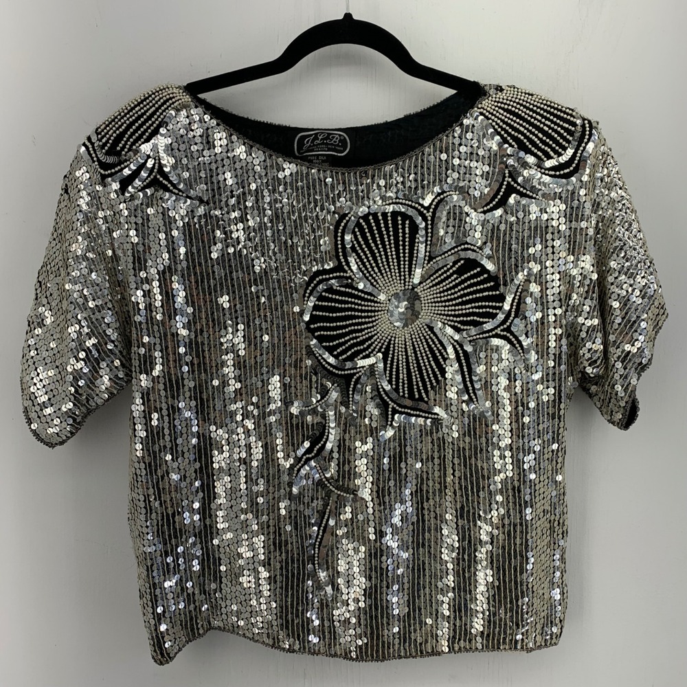 Vintage Silver Sequin Silk Top Beaded Flower Statement Glam Disco Party Medium